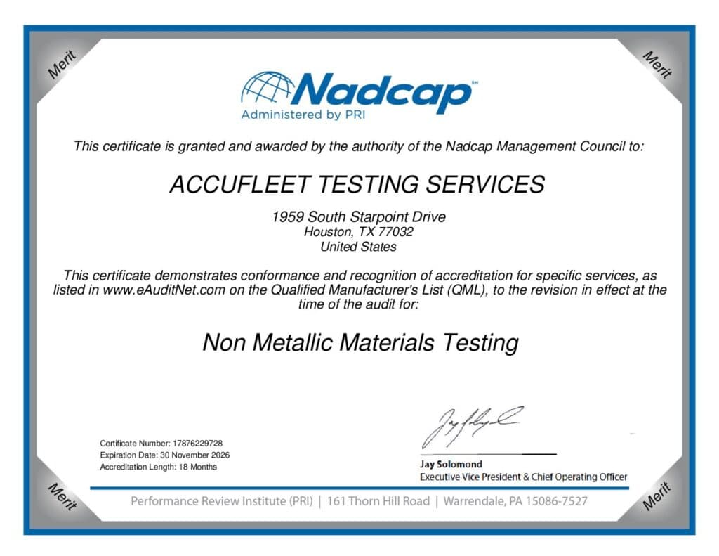 Nadcap certificate for Non Metallic Materials Testing, valid through November 2026